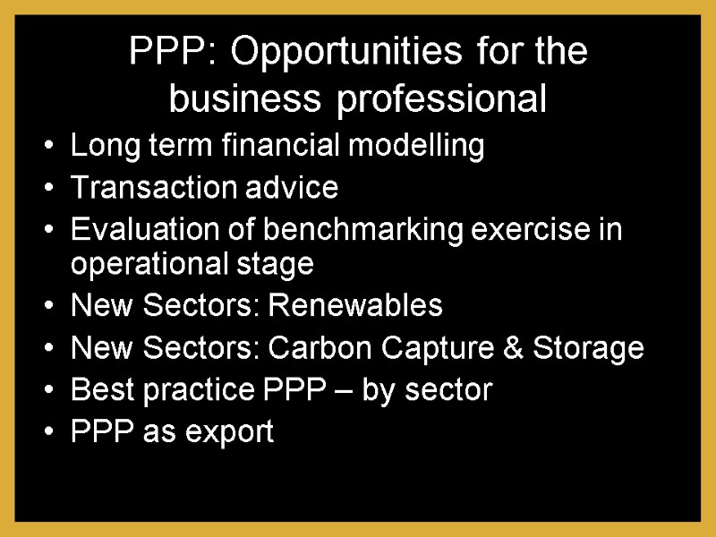 PPP: Opportunities for the business professional Long term financial modelling Transaction advice Evaluation of